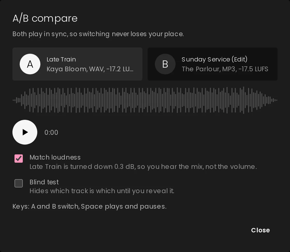 A/B compare: two tracks playing in sync with loudness matched